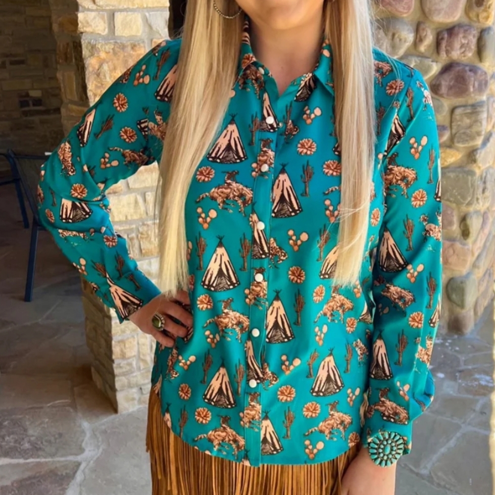 Western Teal Printed Button-Down Blouse